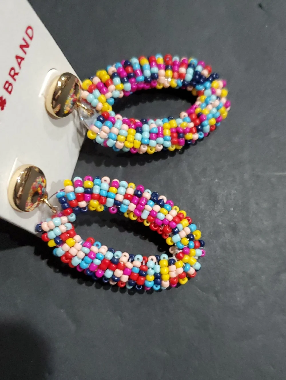 Lucky Brand multi-colored beaded gold stamped oversized oval two tiered earrings